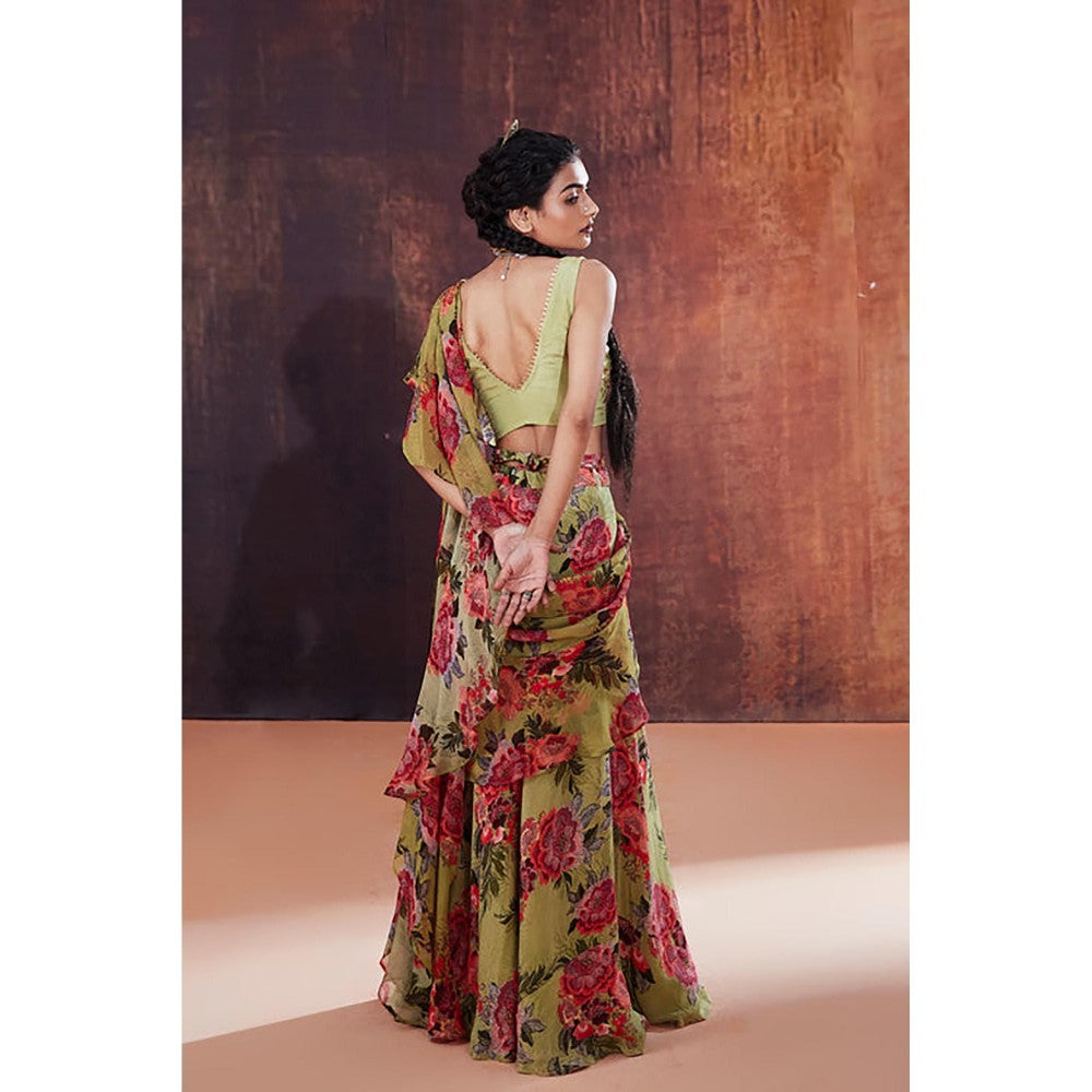 AFFROZ Moss Green Floral Printed Ruffled Saree