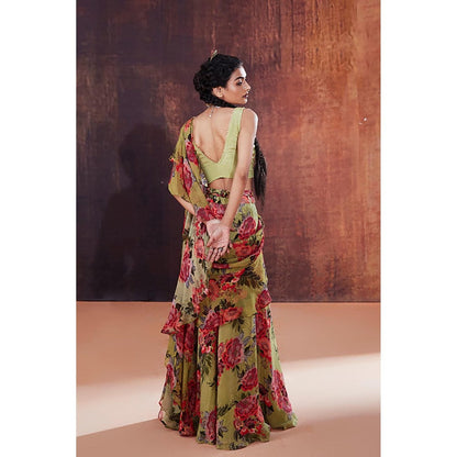 AFFROZ Moss Green Floral Printed Ruffled Saree