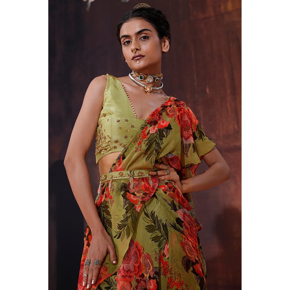 AFFROZ Moss Green Floral Printed Ruffled Saree