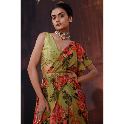 AFFROZ Moss Green Floral Printed Ruffled Saree