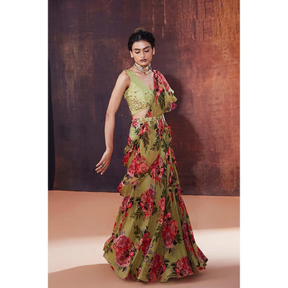 AFFROZ Moss Green Floral Printed Ruffled Saree