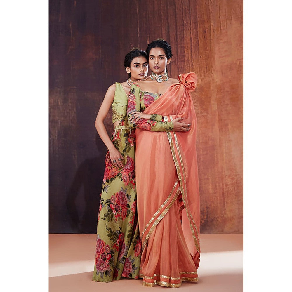 AFFROZ Moss Green Floral Printed Ruffled Saree