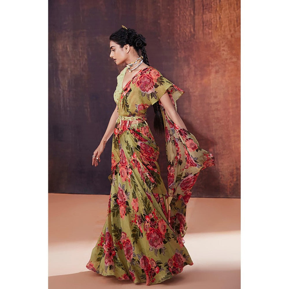 AFFROZ Moss Green Floral Printed Ruffled Saree
