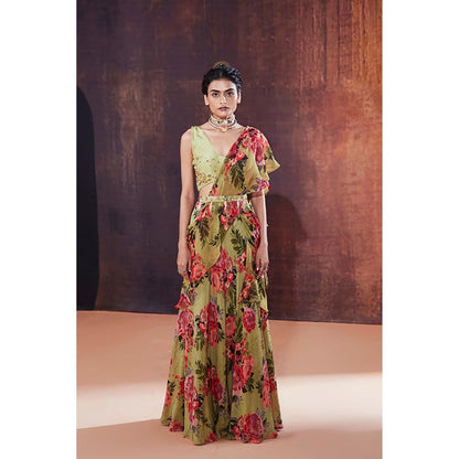 AFFROZ Moss Green Floral Printed Ruffled Saree
