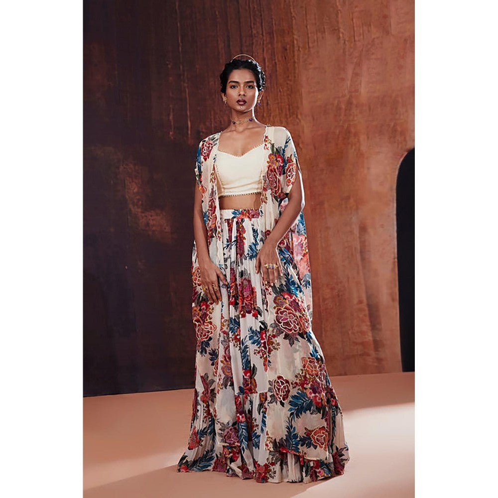 AFFROZ Beige Floral Printed Lehenga Set with Cape