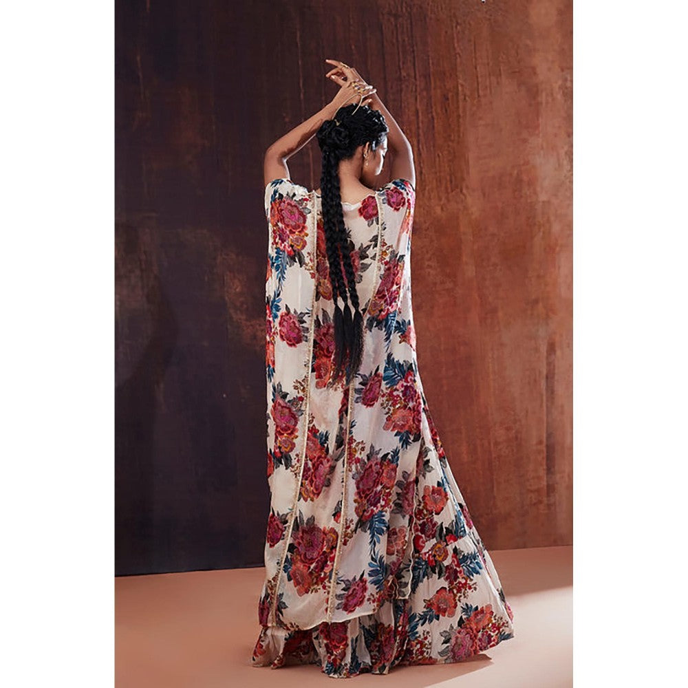 AFFROZ Beige Floral Printed Lehenga Set with Cape