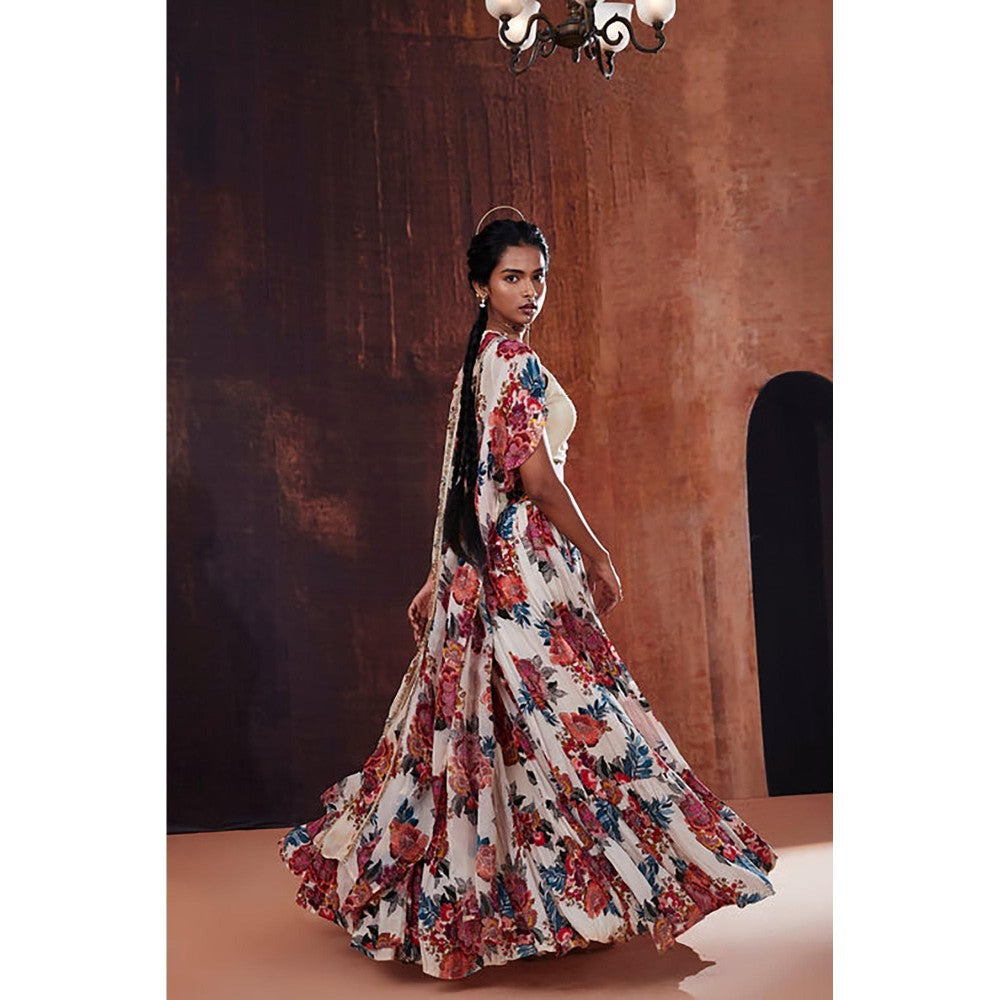 AFFROZ Beige Floral Printed Lehenga Set with Cape