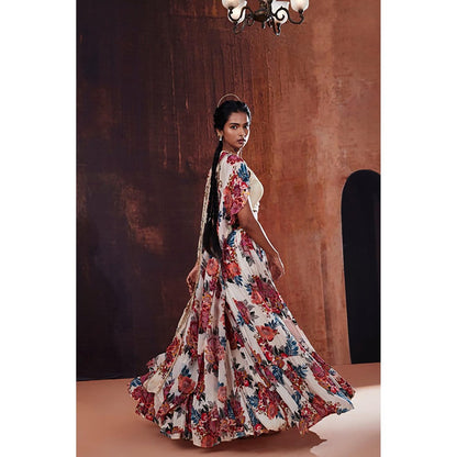 AFFROZ Beige Floral Printed Lehenga Set with Cape