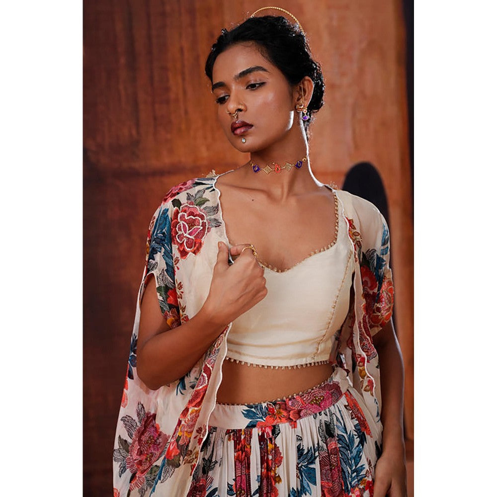AFFROZ Beige Floral Printed Lehenga Set with Cape