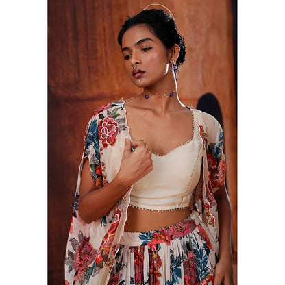 AFFROZ Beige Floral Printed Lehenga Set with Cape