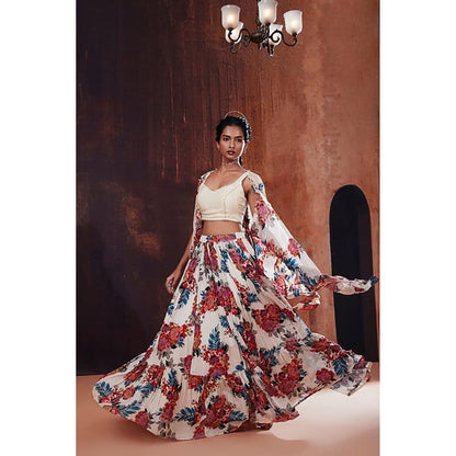 AFFROZ Beige Floral Printed Lehenga Set with Cape