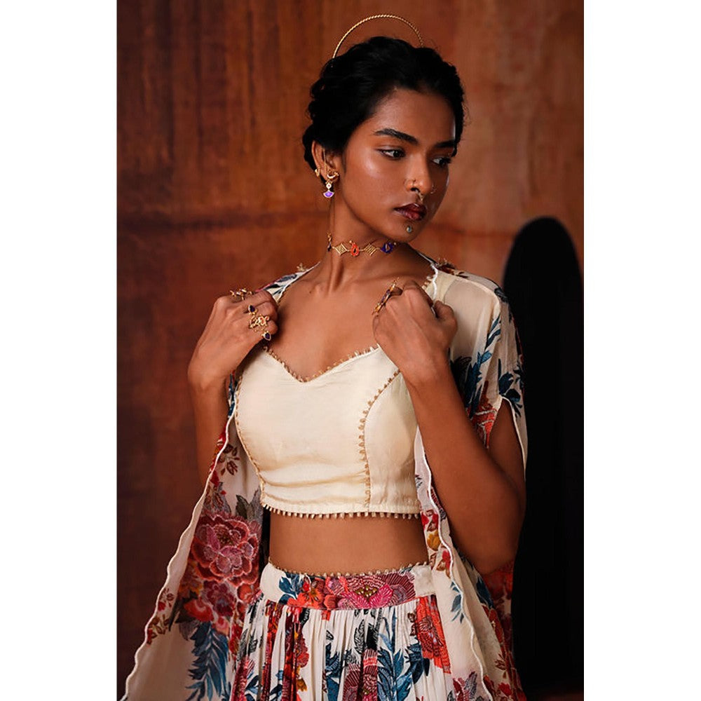 AFFROZ Beige Floral Printed Lehenga Set with Cape