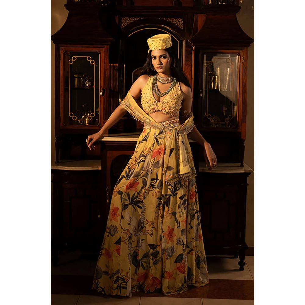 AFFROZ Misted Yellow Panelled Lehenga Set