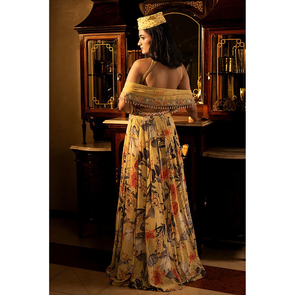 AFFROZ Misted Yellow Panelled Lehenga Set
