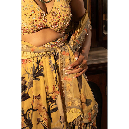 AFFROZ Misted Yellow Panelled Lehenga Set