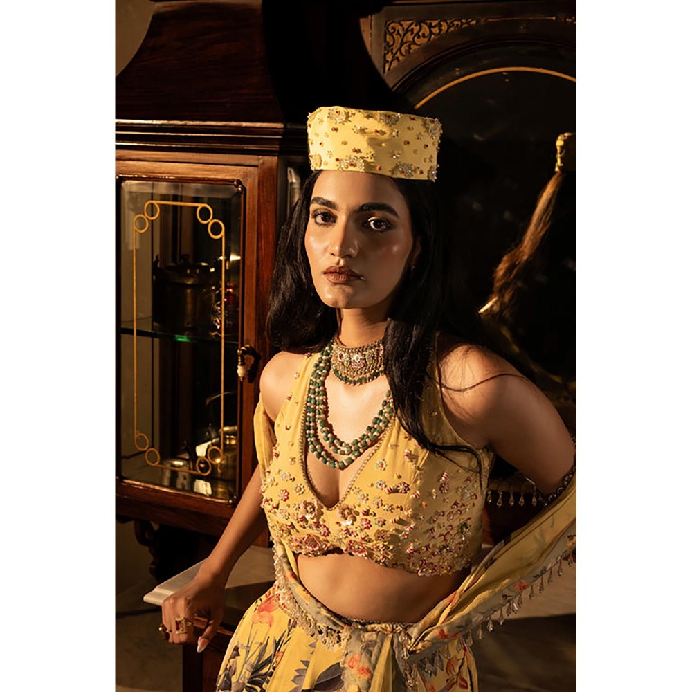 AFFROZ Misted Yellow Panelled Lehenga Set