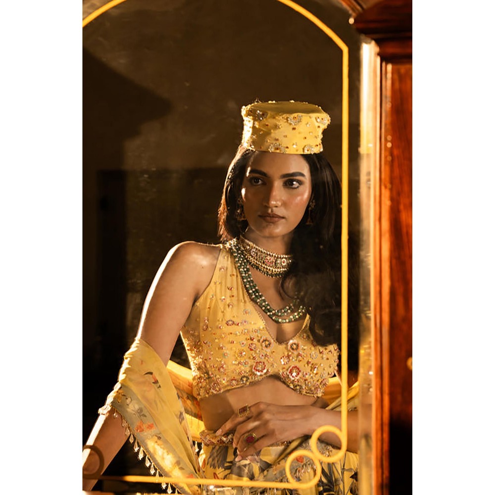 AFFROZ Misted Yellow Panelled Lehenga Set