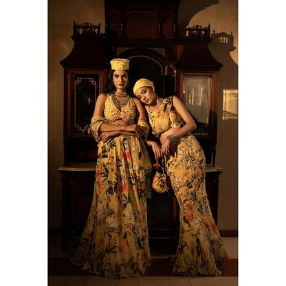 AFFROZ Misted Yellow Godet Skirt Set