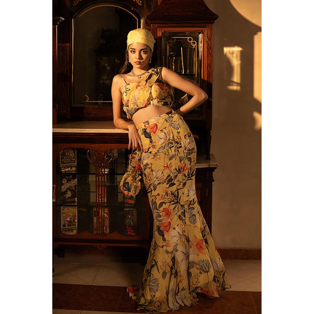 AFFROZ Misted Yellow Godet Skirt Set