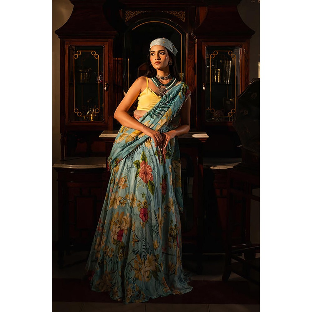 AFFROZ Tropical Blue Lehenga Saree Set