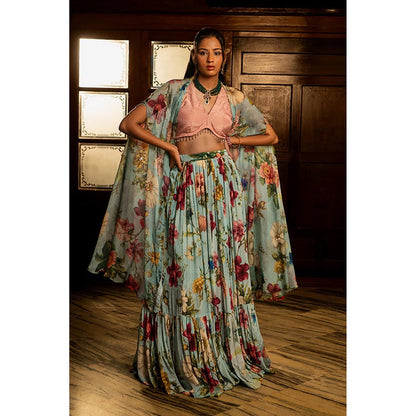 AFFROZ Powder Blue Gathered Lehenga and Jacket Set