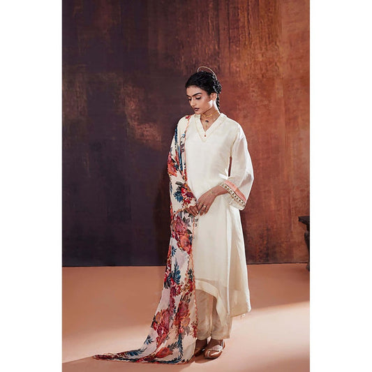 AFFROZ Ivory Tissue Silk Kurta with Pant and Dupatta