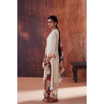 AFFROZ Ivory Tissue Silk Kurta with Pant and Dupatta