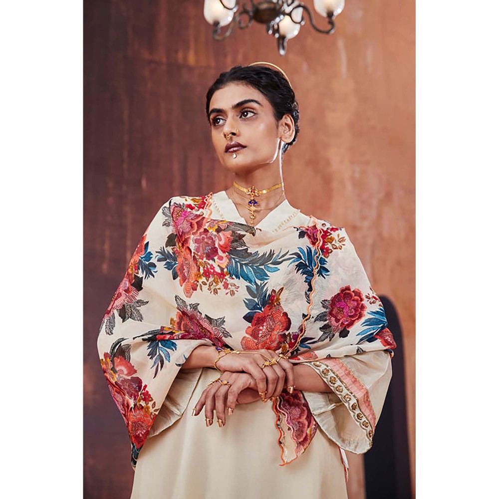 AFFROZ Ivory Tissue Silk Kurta with Pant and Dupatta