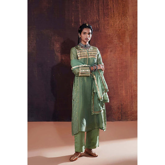 AFFROZ Moss Green Jacquard Kurta with Pant and Dupatta