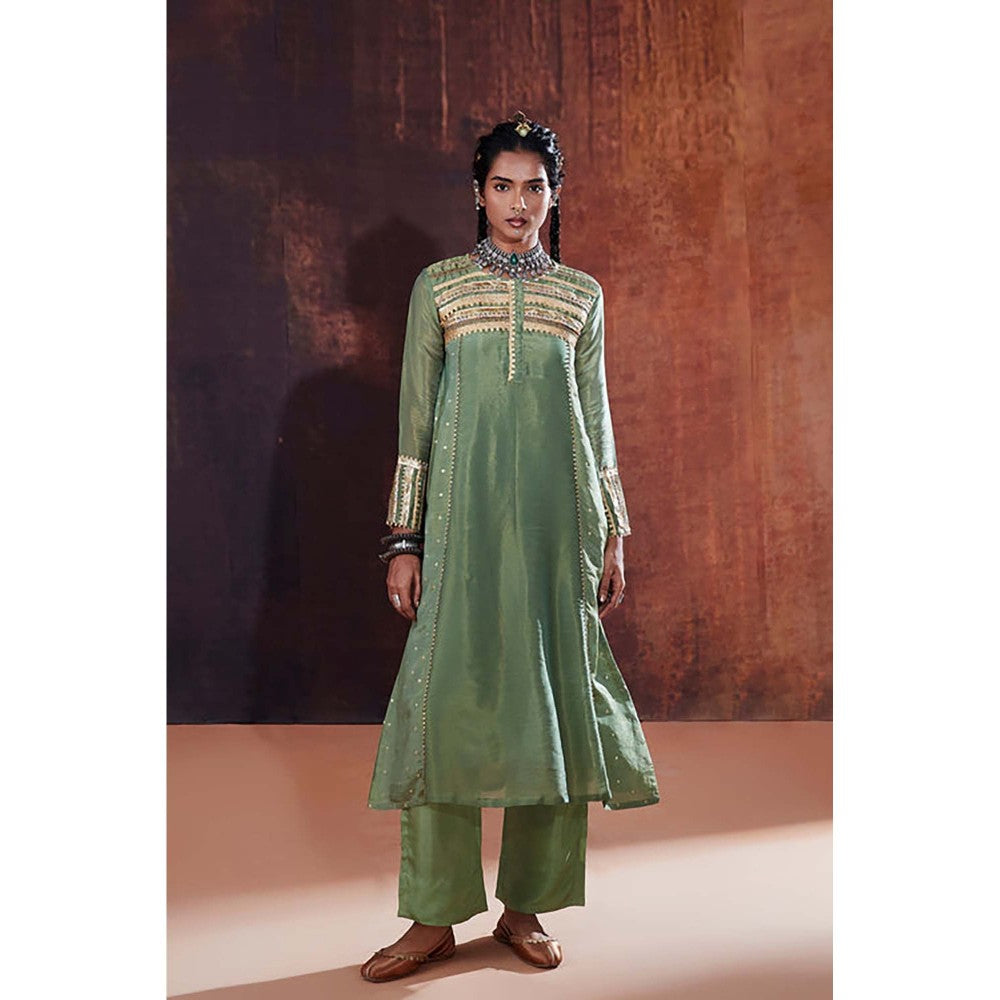AFFROZ Moss Green Jacquard Kurta with Pant and Dupatta