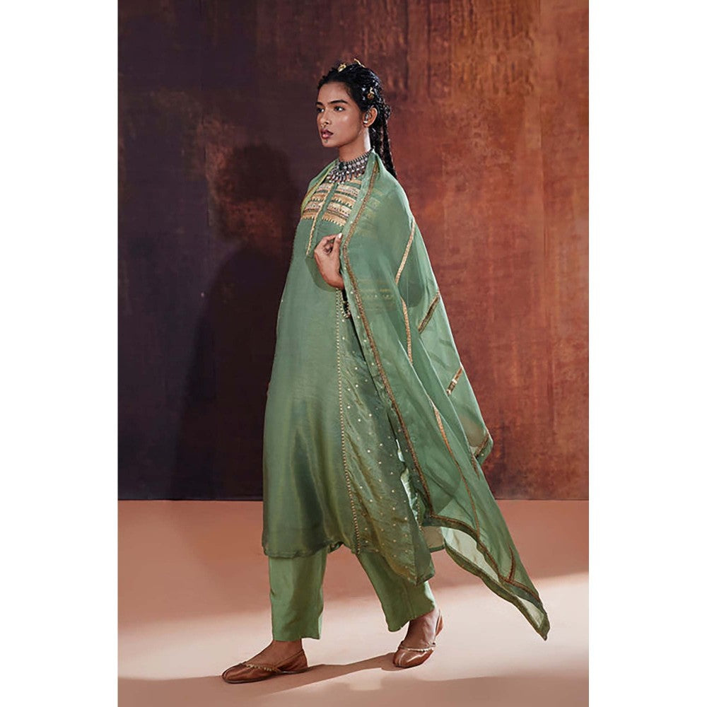 AFFROZ Moss Green Jacquard Kurta with Pant and Dupatta