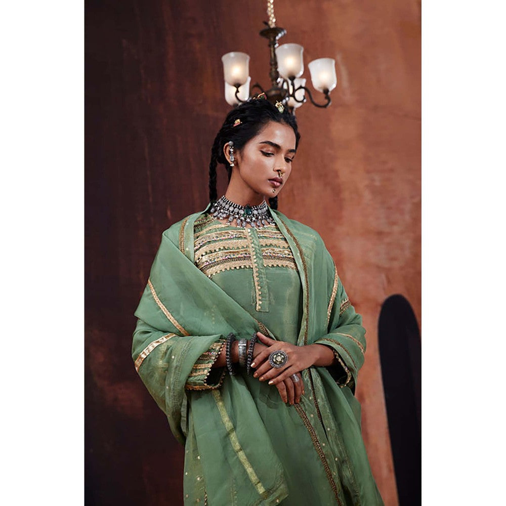 AFFROZ Moss Green Jacquard Kurta with Pant and Dupatta