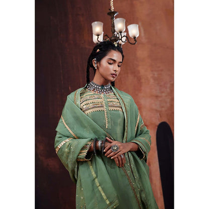 AFFROZ Moss Green Jacquard Kurta with Pant and Dupatta