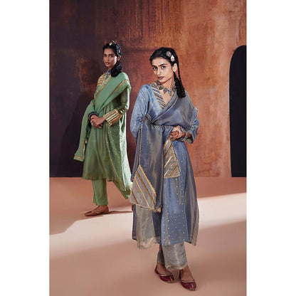 AFFROZ Moss Green Jacquard Kurta with Pant and Dupatta
