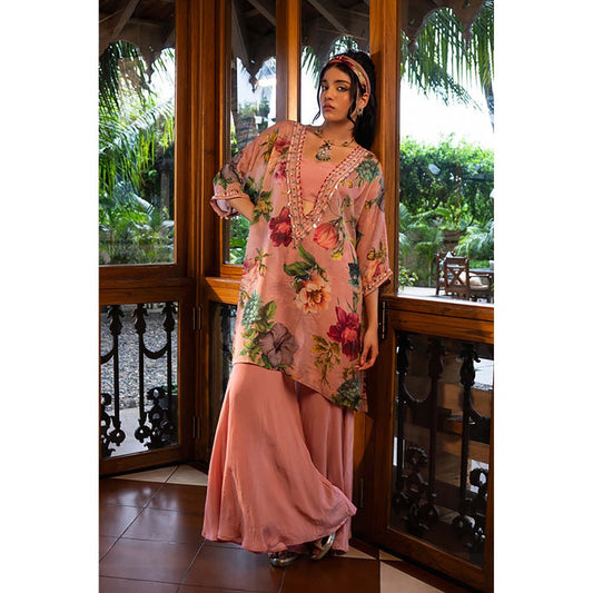 AFFROZ Dusty Rose Crop Top with Kurti and Sharara