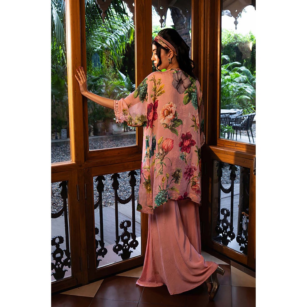 AFFROZ Dusty Rose Crop Top with Kurti and Sharara