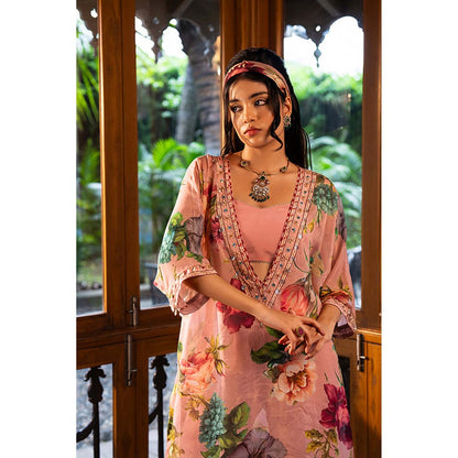 AFFROZ Dusty Rose Crop Top with Kurti and Sharara