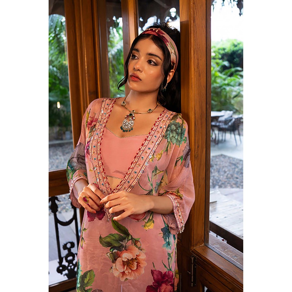 AFFROZ Dusty Rose Crop Top with Kurti and Sharara