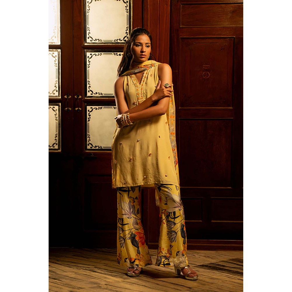 AFFROZ Misted Yellow Kurta with Palazzo and Dupatta