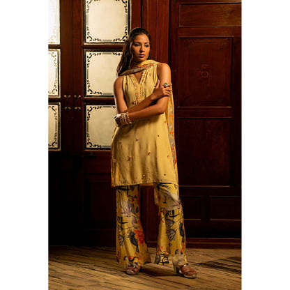 AFFROZ Misted Yellow Kurta with Palazzo and Dupatta