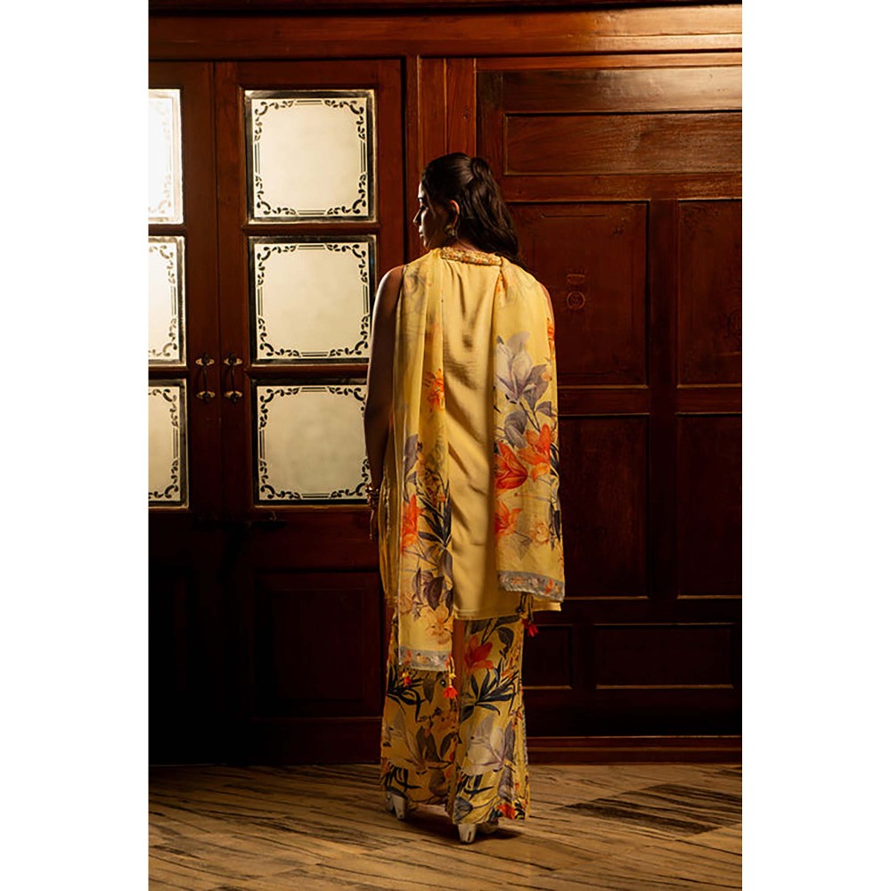 AFFROZ Misted Yellow Kurta with Palazzo and Dupatta