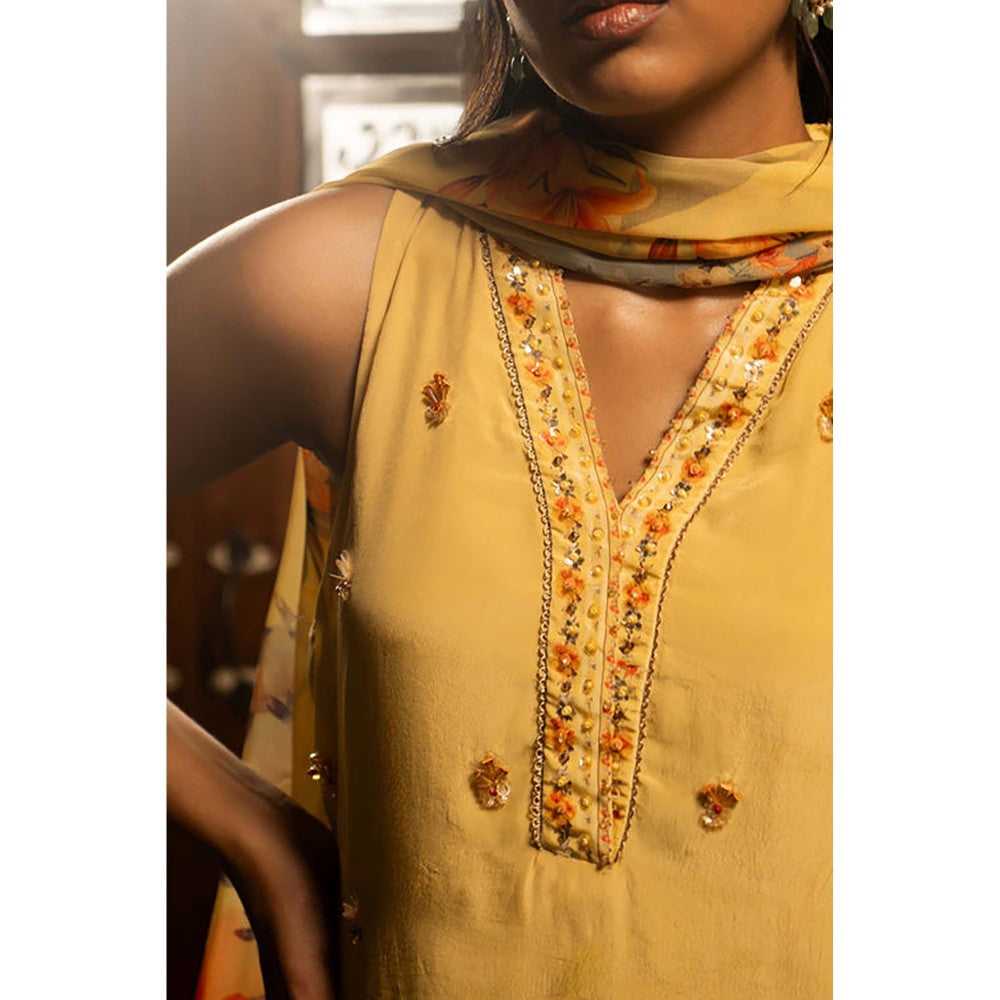 AFFROZ Misted Yellow Kurta with Palazzo and Dupatta