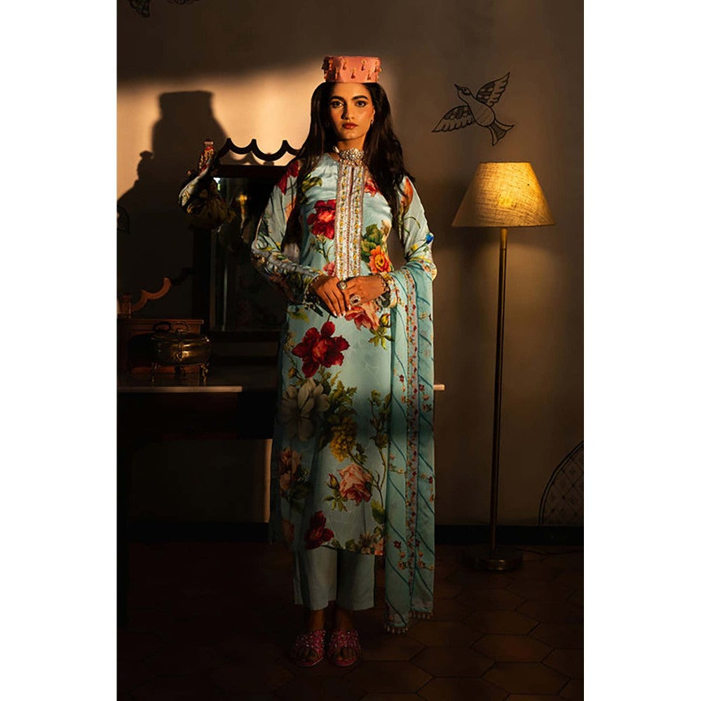 AFFROZ Powder Blue Floral Kurta with Pant and Dupatta
