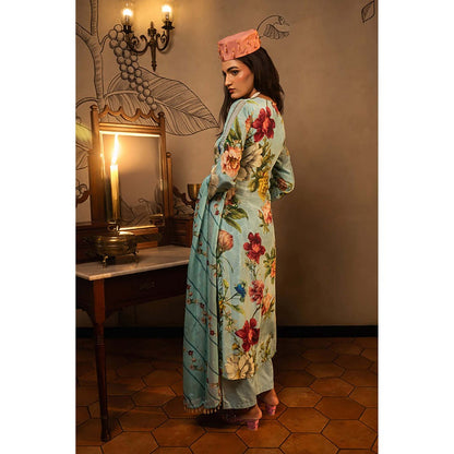 AFFROZ Powder Blue Floral Kurta with Pant and Dupatta