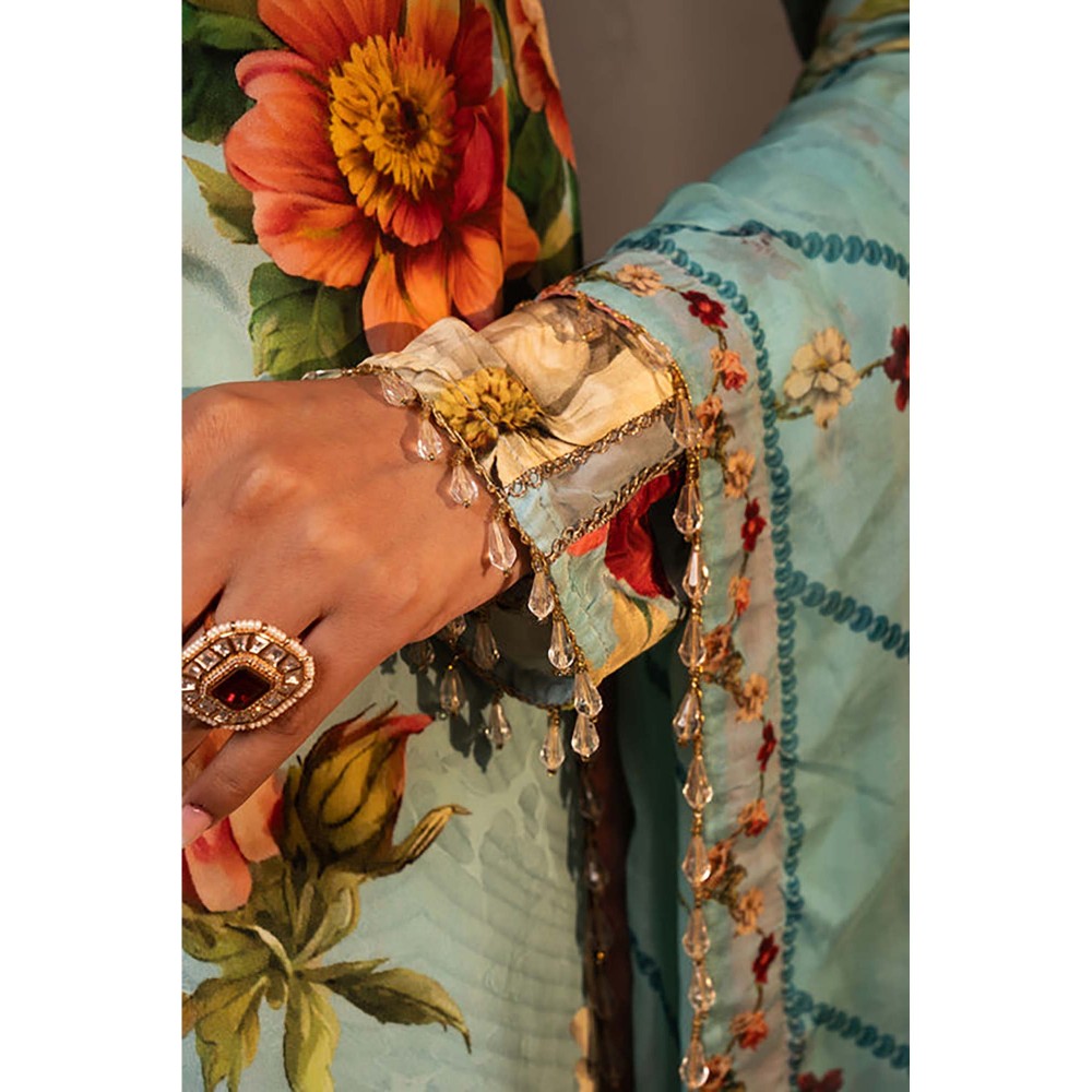 AFFROZ Powder Blue Floral Kurta with Pant and Dupatta