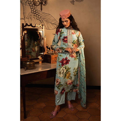 AFFROZ Powder Blue Floral Kurta with Pant and Dupatta