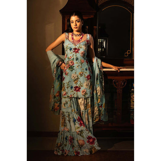 AFFROZ Powder Blue Floral Kurta with Sharara and Dupatta