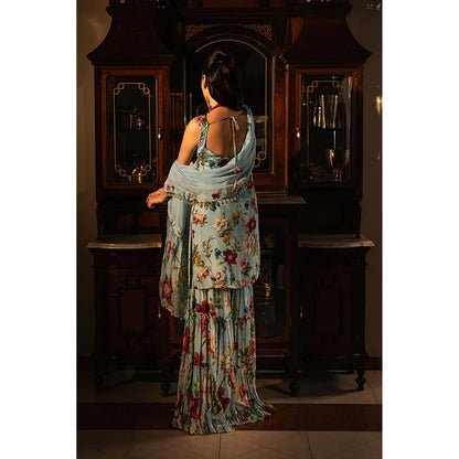 AFFROZ Powder Blue Floral Kurta with Sharara and Dupatta