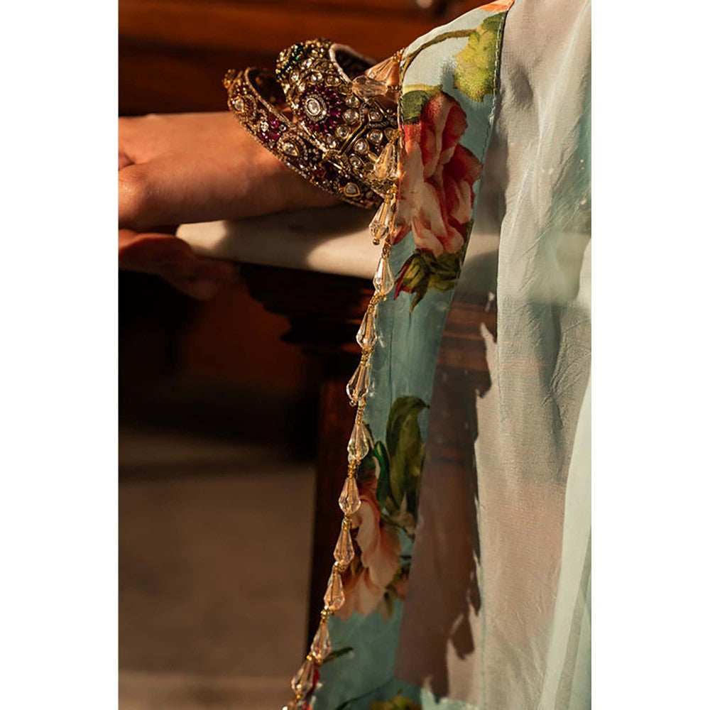 AFFROZ Powder Blue Floral Kurta with Sharara and Dupatta