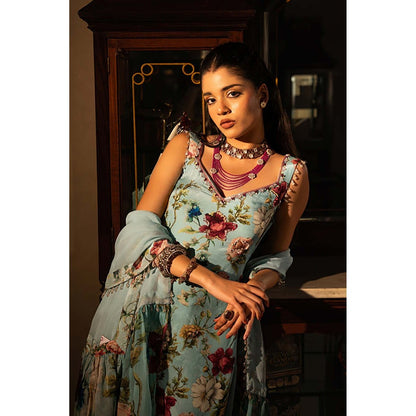 AFFROZ Powder Blue Floral Kurta with Sharara and Dupatta